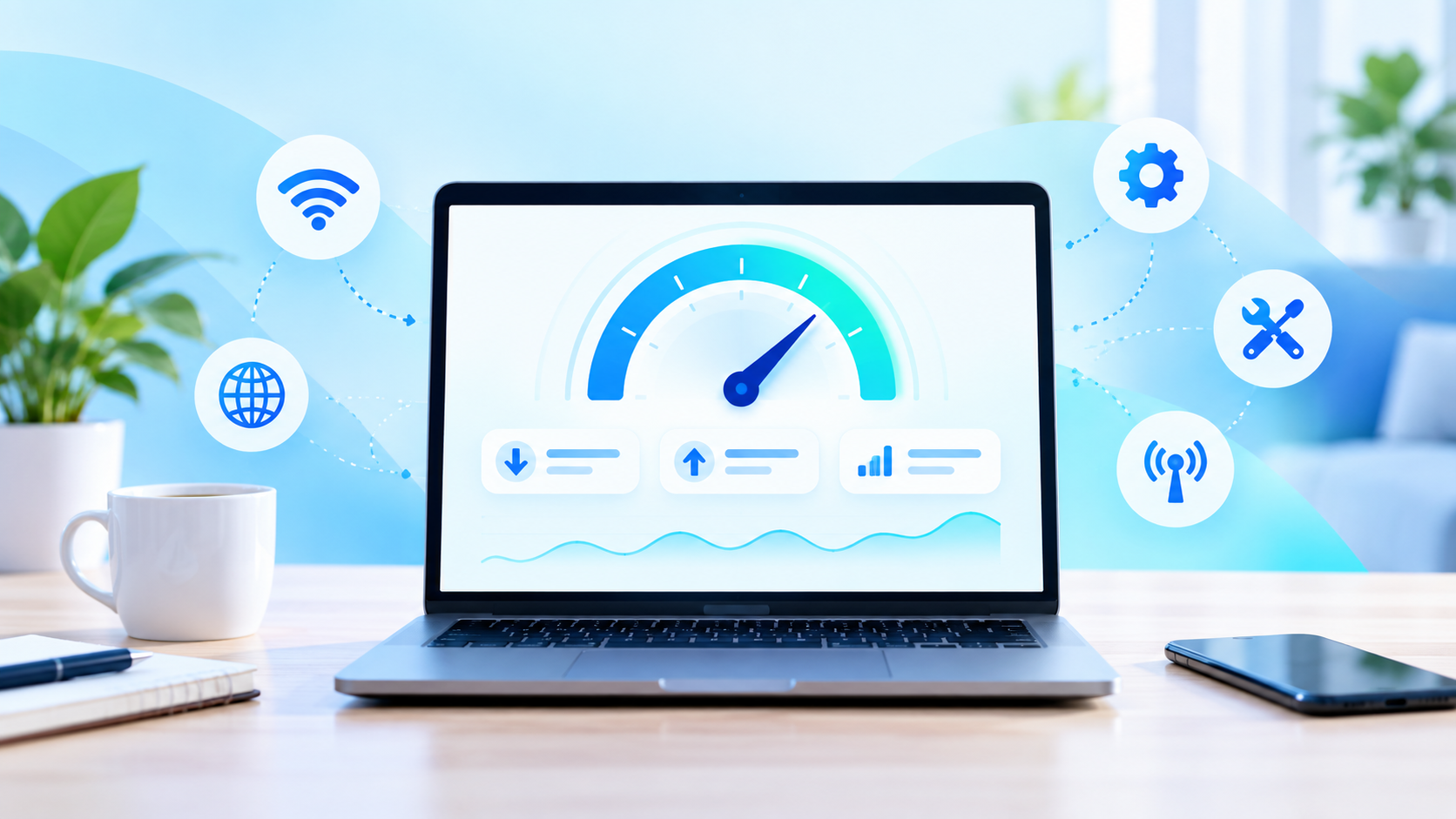 Laptop displaying an internet speed dashboard