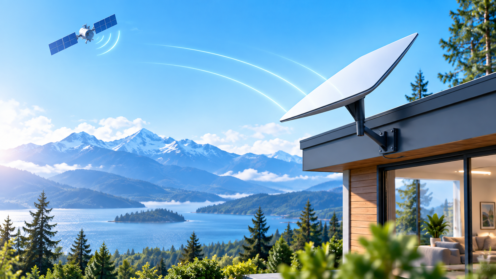 Satellite dish mounted on a home with mountains behind